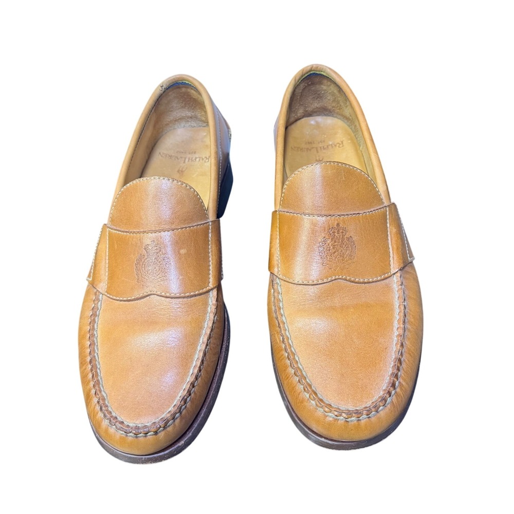 Ralph Lauren Mens Tan Leather Crest Penny Loafers Size 7.5 D ALM58860 Brazil